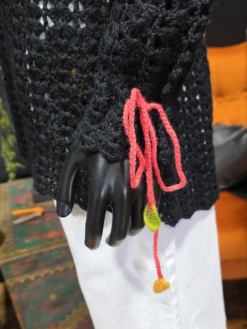 Rare! Free People Black Crochet Tunic with Red & Green Floral Yoke